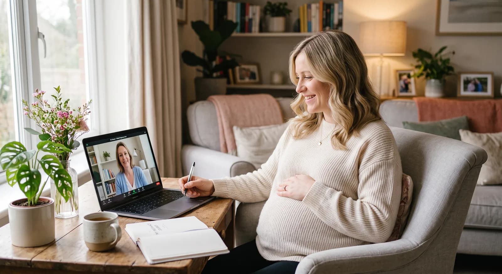 Pregnant client on a virtual pregnancy education session with her laptop